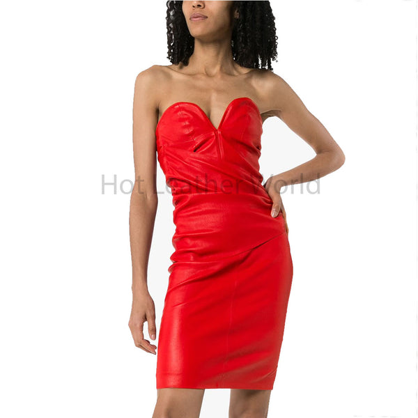Bright Red Strapless And Backless Women Ruched Mini Leather Dress -  HOTLEATHERWORLD