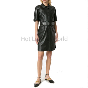 Solid Black Shirt Style Belted Waist Women Mini Leather Dress -  HOTLEATHERWORLD