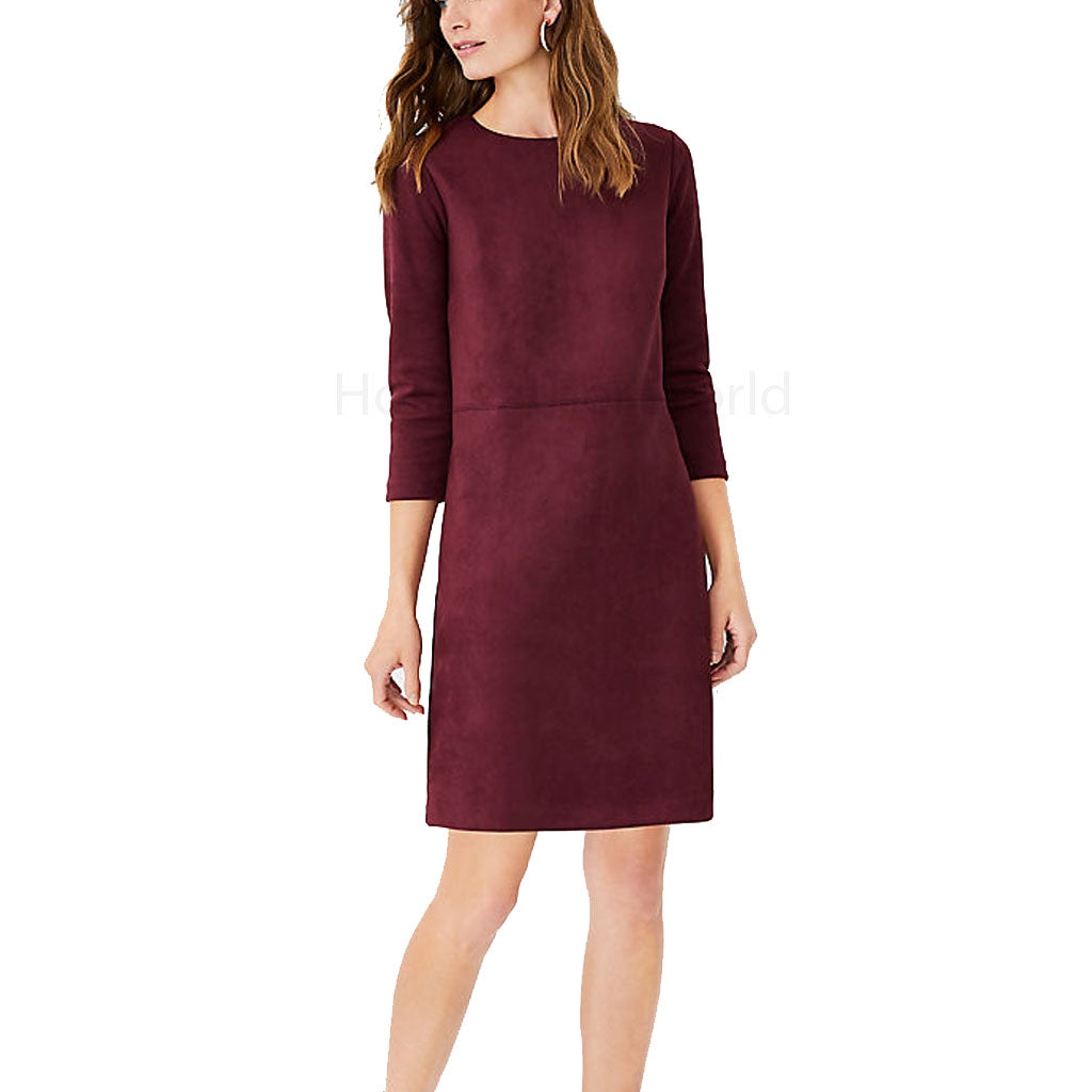 Stylish Burgundy Suede Mini Leather Dress S / White