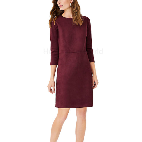 Stylish Burgundy Suede Mini Leather Dress -  HOTLEATHERWORLD
