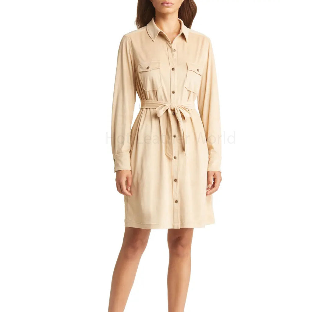 Crème Button Down Shirt Style Women Suede Leather Dress -  HOTLEATHERWORLD