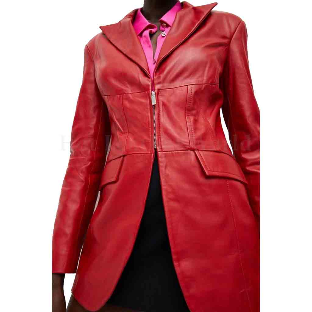 Bright Red Corset Women Leather Blazer -  HOTLEATHERWORLD