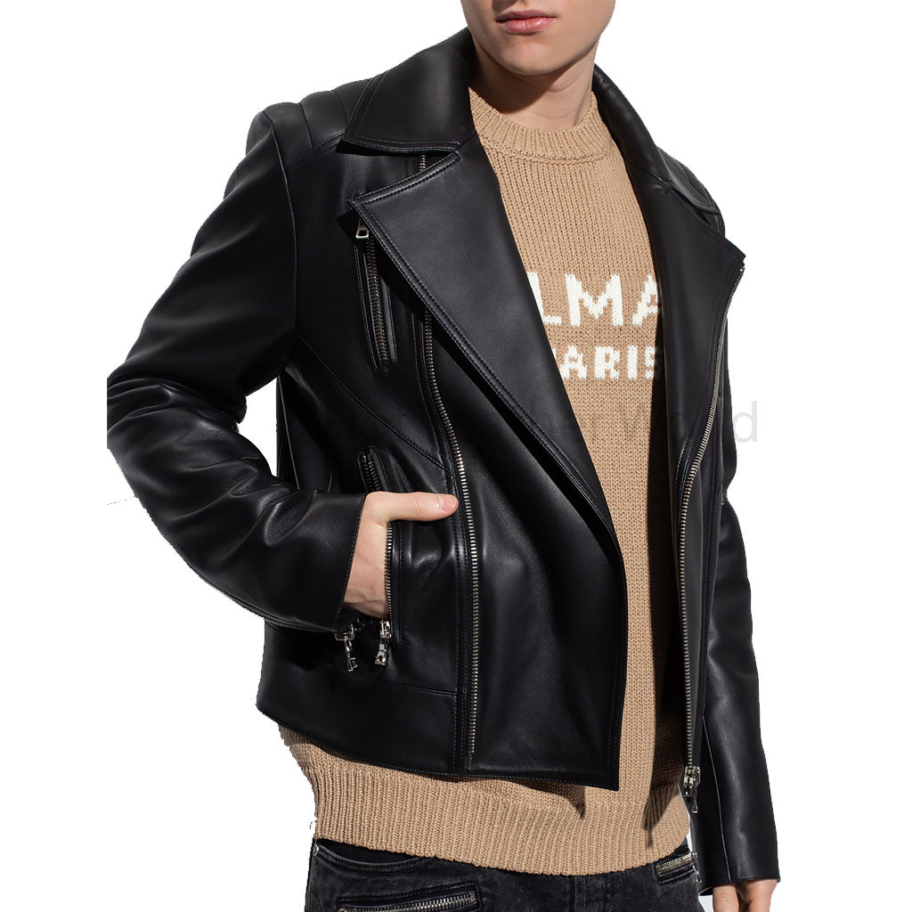 Premium Black Multi Zipper Pockets Men Leather Jacket -  HOTLEATHERWORLD