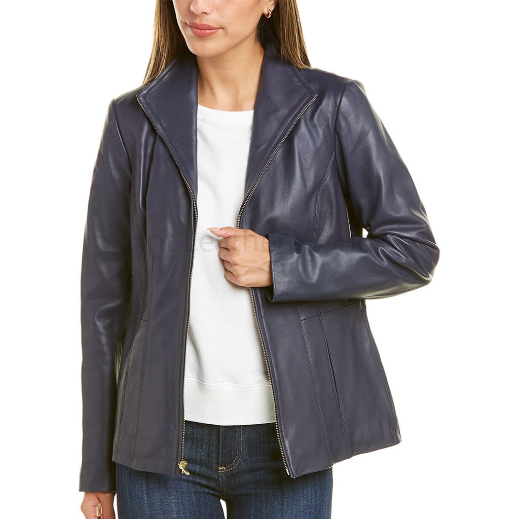 Midnight Blue Minimal Women Genuine Leather Jacket -  HOTLEATHERWORLD