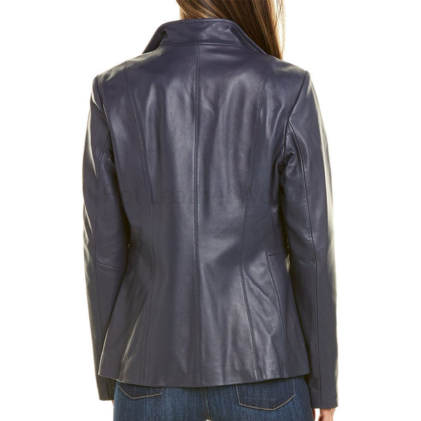 Midnight Blue Minimal Women Genuine Leather Jacket -  HOTLEATHERWORLD