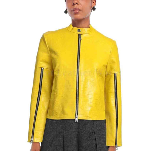 Stylish Yellow Croc Embossed Zipper Women Leather Jacket -  HOTLEATHERWORLD