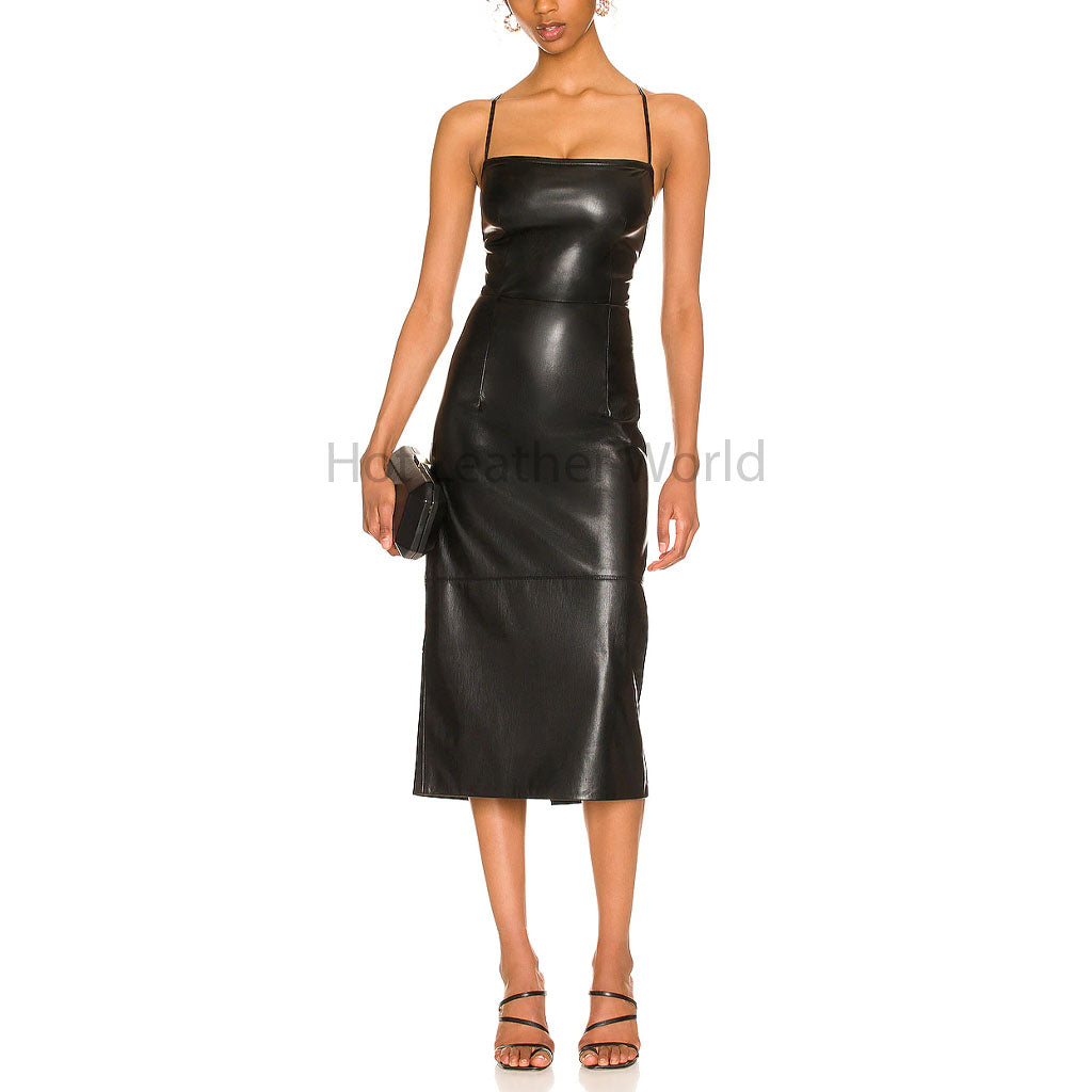 Premium Black Laced Back Midi Length Women Hot Leather Dress -  HOTLEATHERWORLD