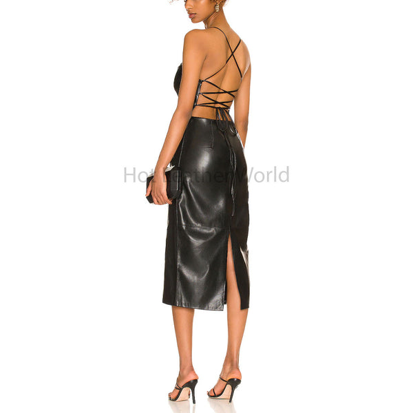 Premium Black Laced Back Midi Length Women Hot Leather Dress -  HOTLEATHERWORLD