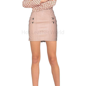 Blush Pink Multi Pockets Smart Women Mini Leather Skirt -  HOTLEATHERWORLD