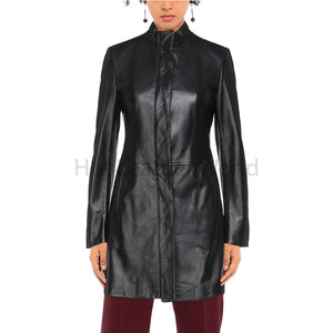 Solid Black Concealed Button Closure Women Full Length Leather Jacket -  HOTLEATHERWORLD