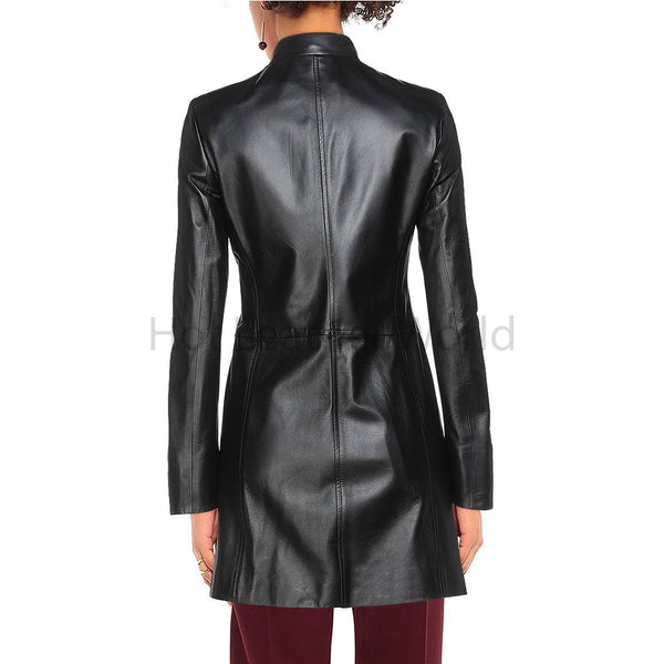 Solid Black Concealed Button Closure Women Full Length Leather Jacket -  HOTLEATHERWORLD