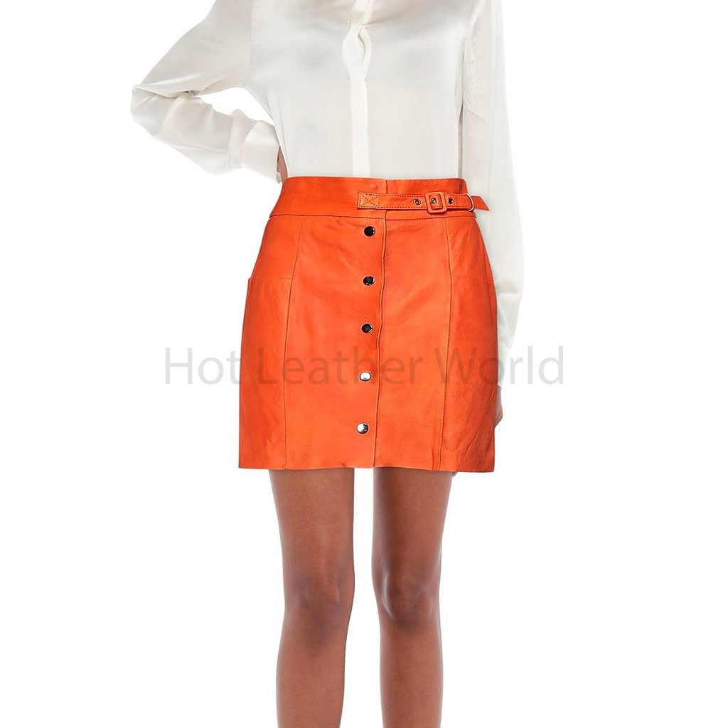 Bright Orange Snap Button Detailed Women Mini Leather Skirt -  HOTLEATHERWORLD