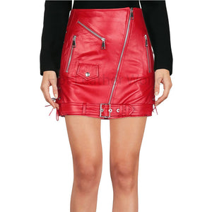 Cherry Red Buckle And Lace Up Women Mini Genuine Leather Skirt -  HOTLEATHERWORLD