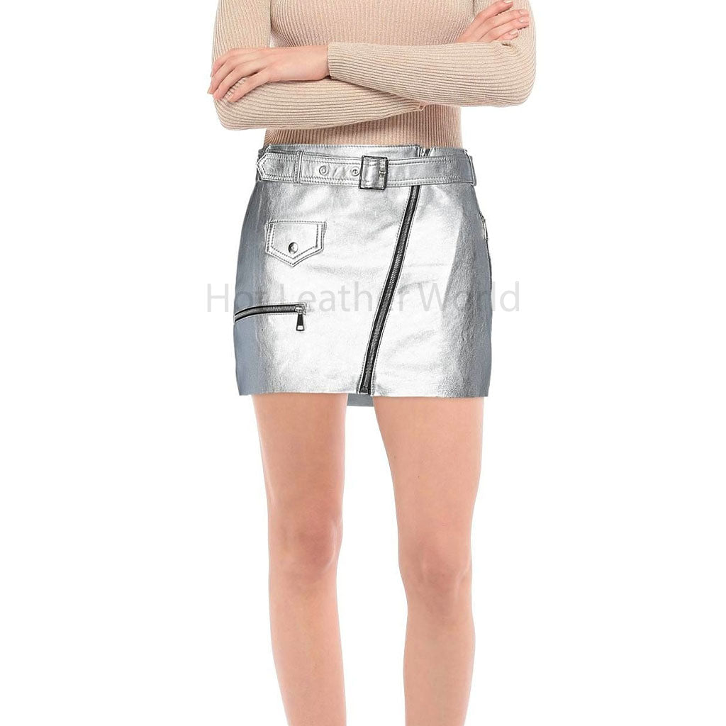 Voguish Silver Belted Women Mini Genuine Leather Skirt -  HOTLEATHERWORLD