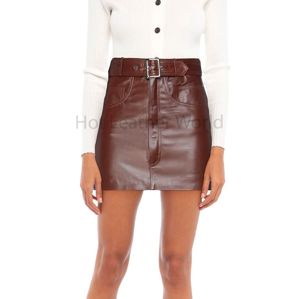 Dark Brown Multi Pockets Women Mini Genuine Leather Skirt -  HOTLEATHERWORLD