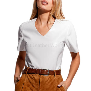 Classy White Short Sleeve V Neck Women Leather T-Shirt -  HOTLEATHERWORLD