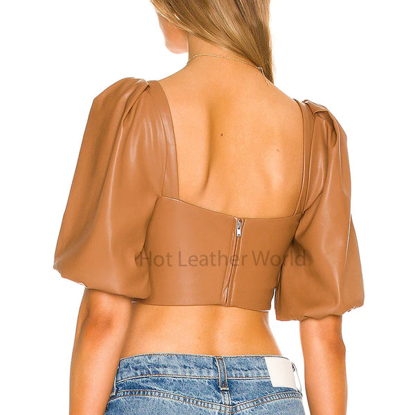Pastel Brown Puffed Sleeves Women Hot Faux Leather Bustier Crop Top -  HOTLEATHERWORLD