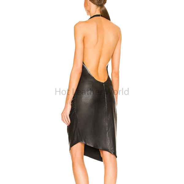 Premium Black Side Ruched Backless Women Hot Leather Dress -  HOTLEATHERWORLD