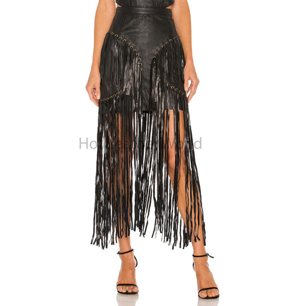 Stylish Black Fringe Detailed Women Hot Mini Leather Skirt -  HOTLEATHERWORLD