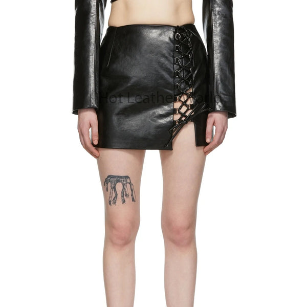 Voguish Black Side Laced Detailing Women Hot Mini Leather Skirt -  HOTLEATHERWORLD