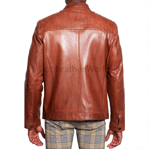 Classic Brown Band Collar Zip Detailed Men Leather Jacket -  HOTLEATHERWORLD