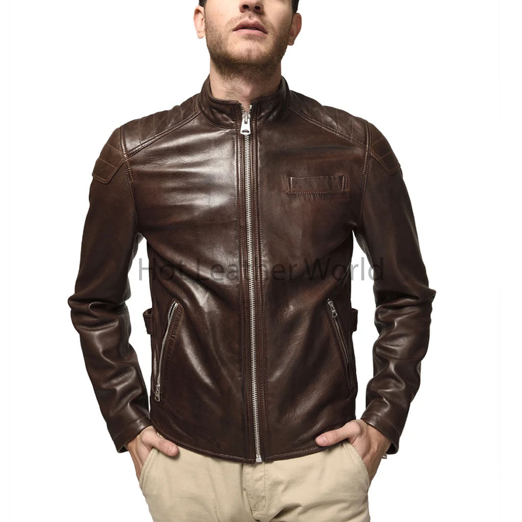 ジャケット・アウター leather jacket dark brown Dark Brown Shoulder Quilt Men Café Racer Leather Jacket