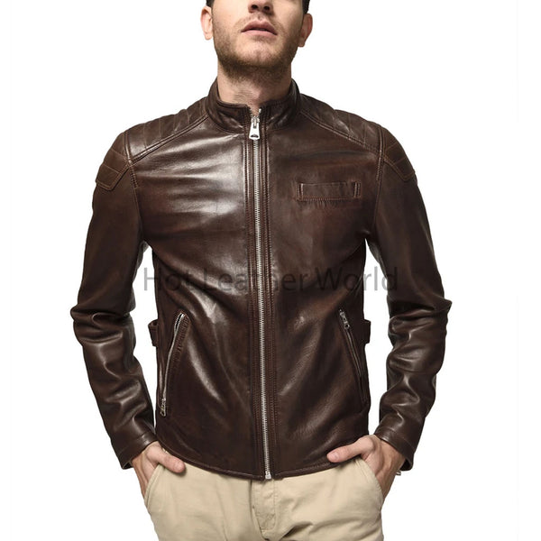Dark Brown Shoulder Quilt Men Café Racer Leather Jacket -  HOTLEATHERWORLD