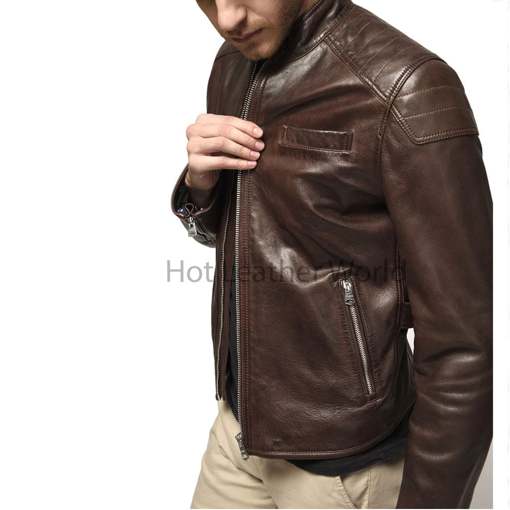 Dark Brown Shoulder Quilt Men Café Racer Leather Jacket