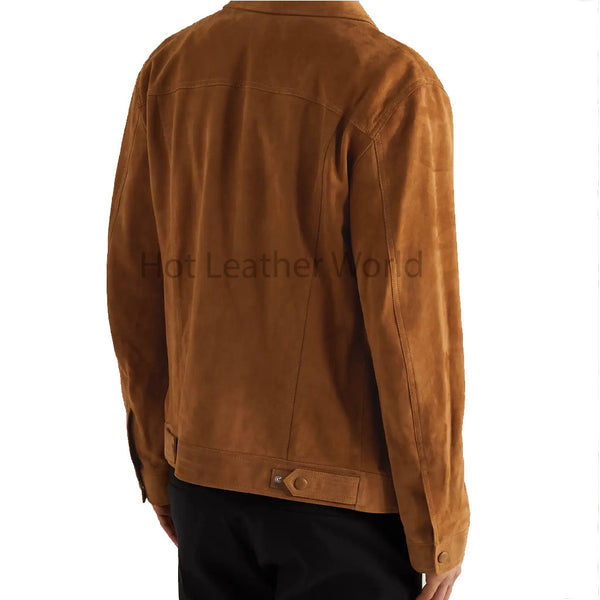 Camel Brown Sophisticated Men Trucker Suede Leather Jacket -  HOTLEATHERWORLD