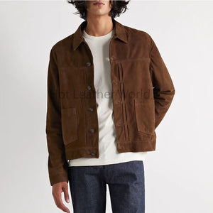 Elegant Brown Button Up Men Suede Leather Jacket -  HOTLEATHERWORLD