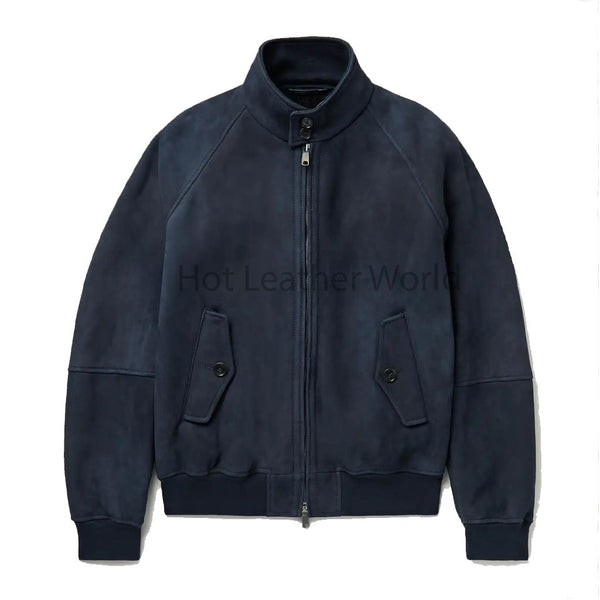 Minimalistic Navy-Blue Shearling Lining Men Bomber Suede Leather Jacket -  HOTLEATHERWORLD