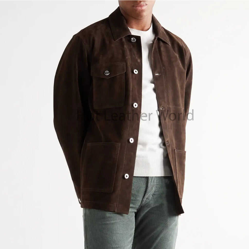 Chocolate Brown Multi Pockets Men Suede Leather Jacket -  HOTLEATHERWORLD