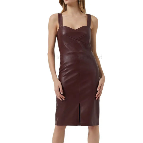 Chocolate Brown Minimal Women Leather Dress -  HOTLEATHERWORLD