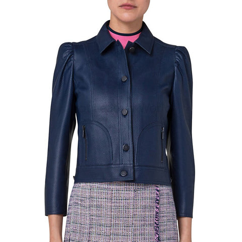 Navy Blue Button Up Women Leather Jacket -  HOTLEATHERWORLD