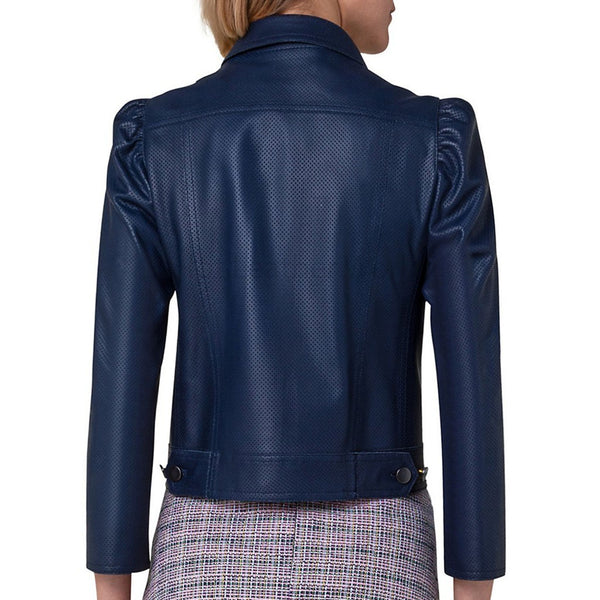 Navy Blue Button Up Women Leather Jacket -  HOTLEATHERWORLD