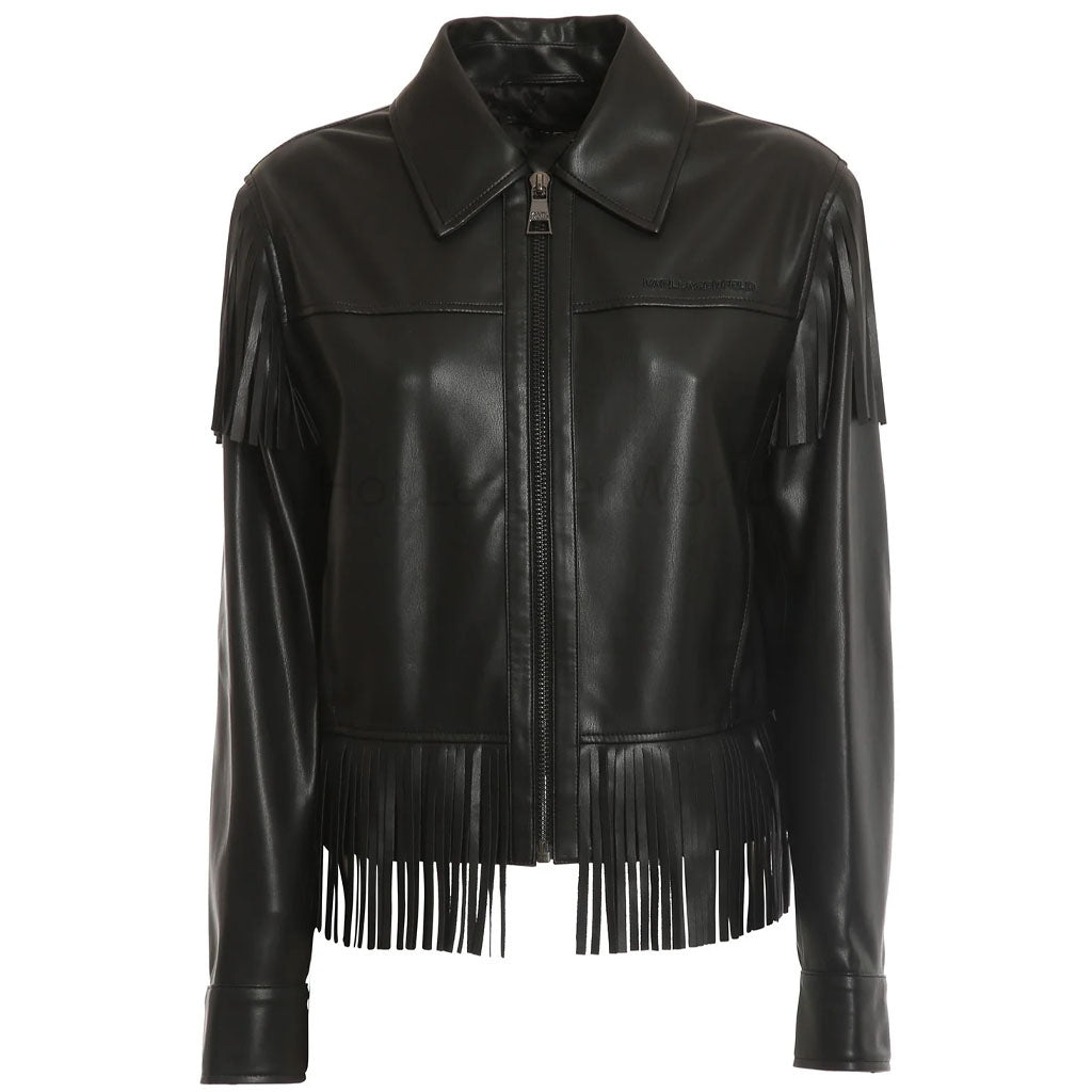 Premium Black Close Fringe Detailed Women Leather Jacket -  HOTLEATHERWORLD