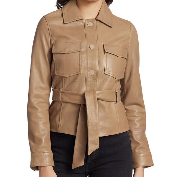 Beige Belted Waist Women Leather Jacket -  HOTLEATHERWORLD