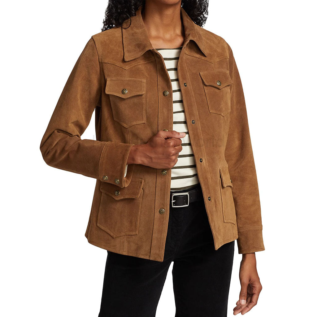 Brown Multi Pockets Women Premium Suede Leather Jacket -  HOTLEATHERWORLD