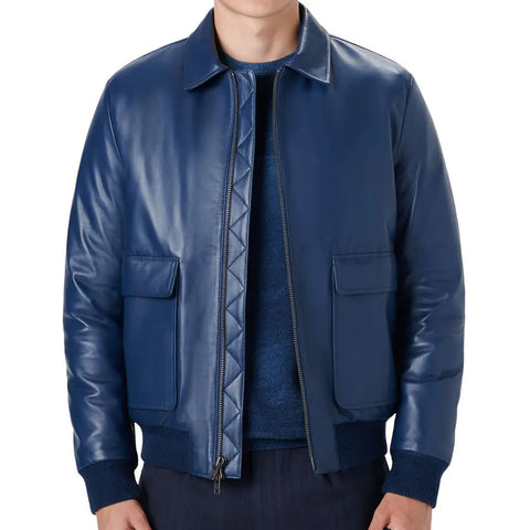 Classic Blue Minimal Detailed Men Bomber Leather Jacket -  HOTLEATHERWORLD
