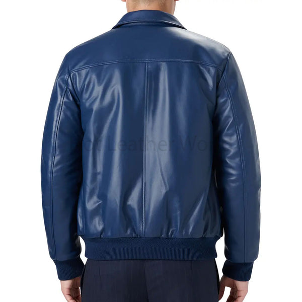 Classic Blue Minimal Detailed Men Bomber Leather Jacket -  HOTLEATHERWORLD
