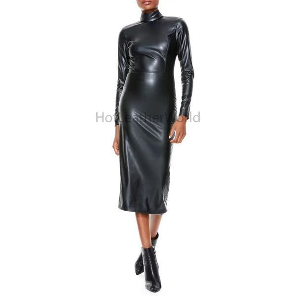 Black Mock Neck Midi Length Bodycon Women Faux Leather Dress -  HOTLEATHERWORLD