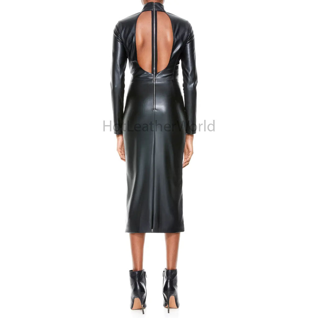 slim fit dress slacks Black Mock Neck Midi Length Bodycon Women Faux Leather Dress 2XL / Navy Blue