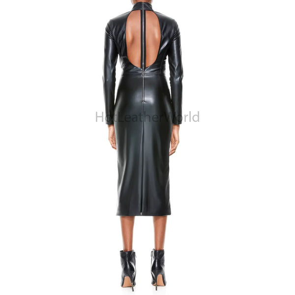Black Mock Neck Midi Length Bodycon Women Faux Leather Dress -  HOTLEATHERWORLD
