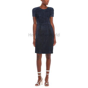 Dark Blue Short Sleeves Bodycon Midi Women Suede Leather Dress -  HOTLEATHERWORLD
