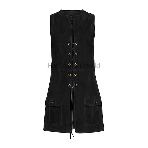 Black Lace Up Fancy Women Mini Suede Leather Dress -  HOTLEATHERWORLD