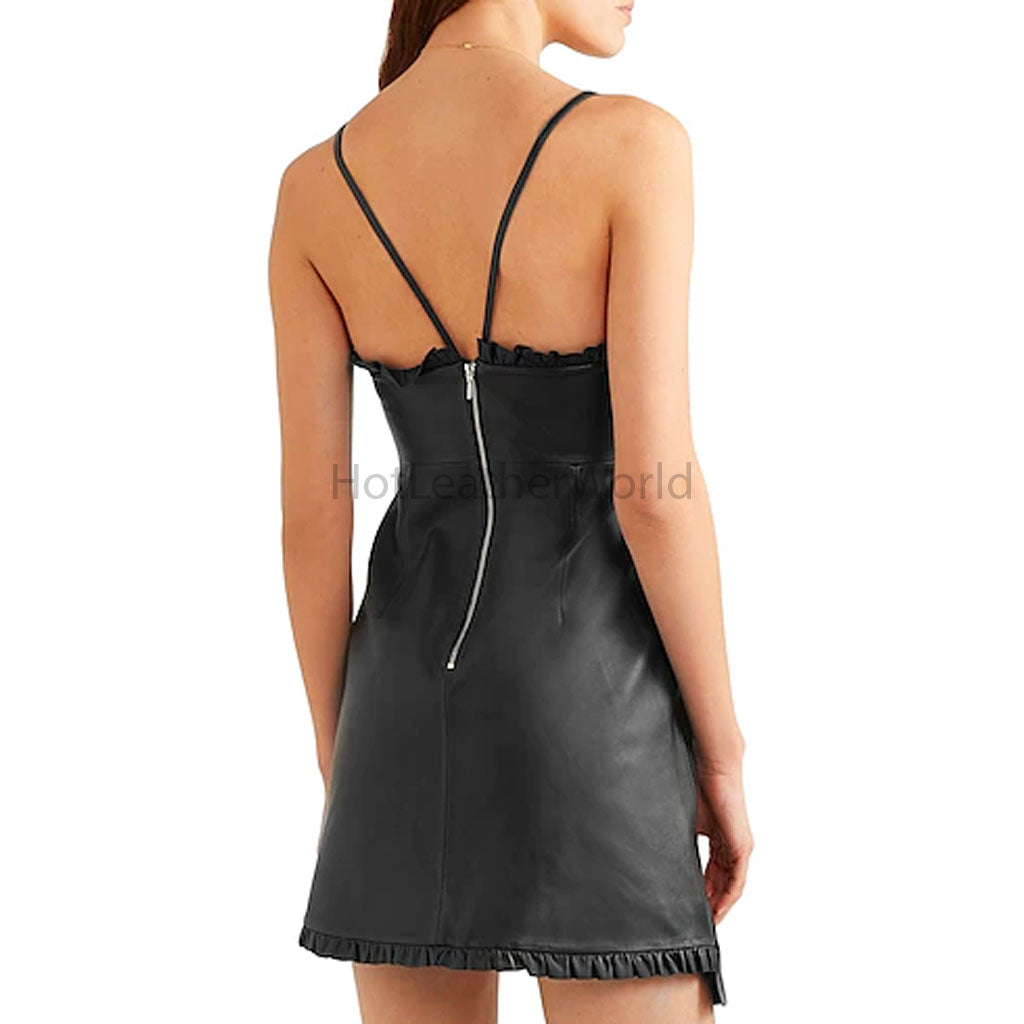 Black Ruffle Detailed High Class Women Mini Lambskin Leather Dress M / Black