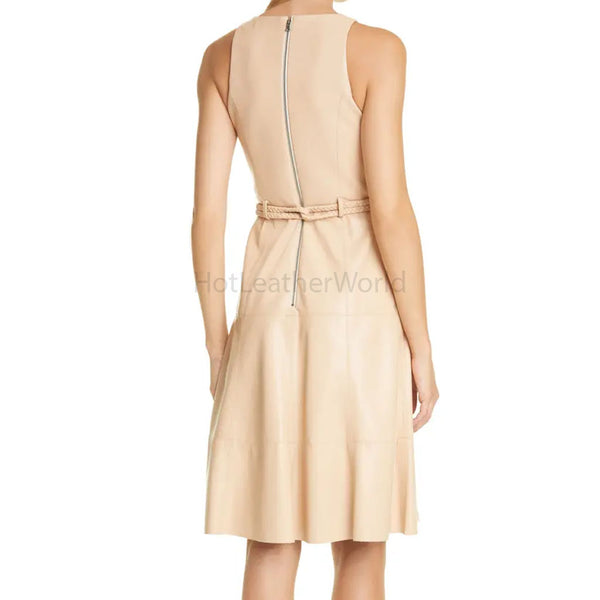Pastel Almond Belted Women Genuine Leather Dress -  HOTLEATHERWORLD