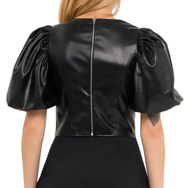 Classy Black Puffed Sleeves Women Leather Top -  HOTLEATHERWORLD
