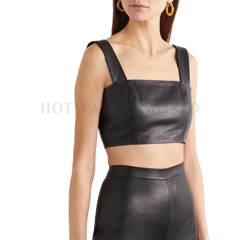 Women Square Neck Faux Leather Top -  HOTLEATHERWORLD