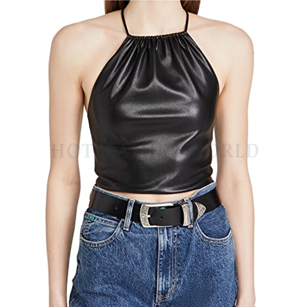 Women Crisscross Back Crop Genuine Leather Top -  HOTLEATHERWORLD